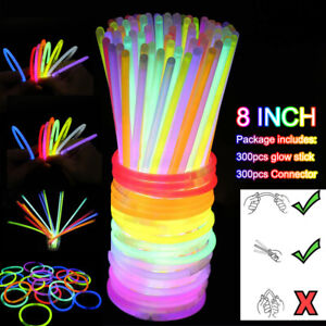 300Pcs 8" Glow Sticks Bracelet Necklaces Neon Party Light Multi-Colors Up to 20H