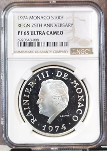 1974 MONACO SILVER 100 FRANCS RAINIER III ANNIVERSARY NGC PF 65 ULTRA CAMEO RARE - Picture 1 of 3