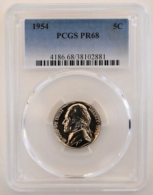 ONE OF PR68 1954 JEFFERSON NICKEL PCGS GRADED US 5C PROOF P-MINT EXACT COIN - Image 1 of 4