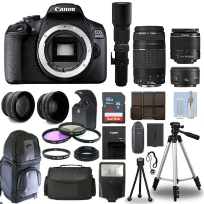 Canon EOS 2000D / T7 DSLR + 6 Lens 18-55mm, 75-300mm, 50mm, 500mm+ 32GB PRO KIT! - Image 1 of 4