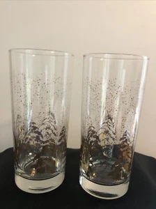 Metallic Gold Winter Pine Tree Scene Tumbler Glasses Lot of 2 - Picture 1 of 4