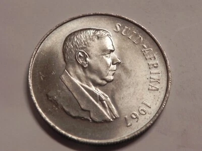 South Africa 1 Rand 1967 Dr. H.F Verwoerd Afrikaans Legend UNC Silver Coin  A13a - Image 1 of 2