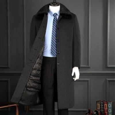 Зимнее мужское кашемировое пальто длинное до колена меховой воротник папина шерстяная куртка бизнес - Изображение 1 из 4
