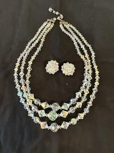 Vintage 3 Strand Crystal Beaded Aurora Borealis Necklace W/ Clip On Earrings - Picture 1 of 7