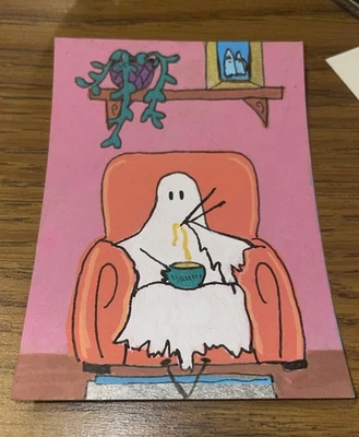 Aceo Original ATC Acrylic Marker 2.5 X 3.5" Cute Ghost Noodle Night - Image 1 of 2
