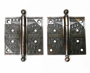 Pair of Antique Ornate Eastlake Victorian Ball Tip Door Hinges 4.5" x 4.5" - Picture 1 of 4