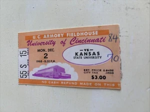 Biglietto Stub 1968 Università di Cincinnati Bearcats Kansas State Basketball - Foto 1 di 2