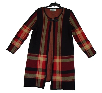 Suéter Cárdigan Largo Kasper Para Mujer Damas Rojo/Negro A Cuadros Elegante/Casual Talla L Foto 1 de 4