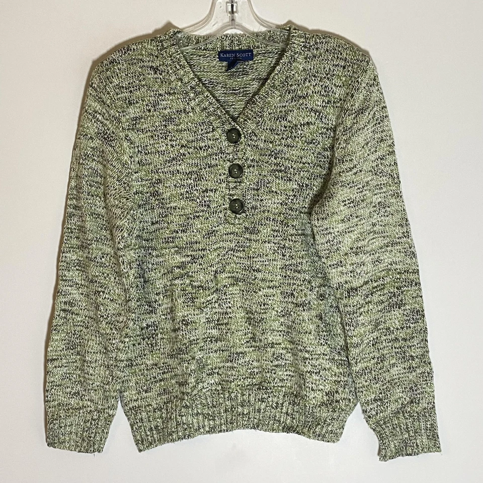 Suéter Karen Scott Feminino Pequeno Grande Verde Marled Decote V Pulôver com 3 Botões - Imagem 1 de 4