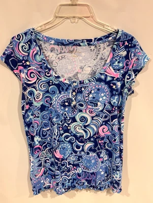 Lilly Pulitzer PJ Knit Ruffle Henley Top Blue/Pink Cosmic Kismet Size XS - Image 1 of 4