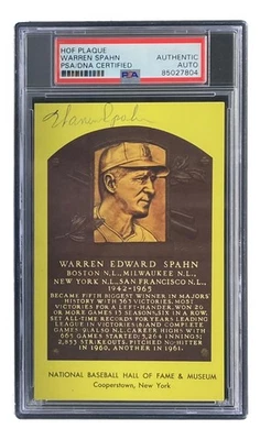 Warren Spahn Signed 4x6 Milwaukee Braves Hall Of Fame Plaque Card PSA/DNA - Image 1 of 4
