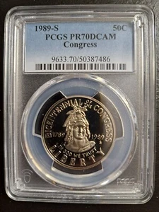 1989-S CONGRESS COMMEMORATIVE PROOF HALF DOLLAR PCGS PR70 DCAM BLUE LABEL  - Picture 1 of 4