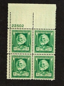 1940 U.S. FAMOUS AMERICANS 1c Green Longfellow Plt#Blk of 4 Sc#864 M/NH/OG GEM! - Picture 1 of 1