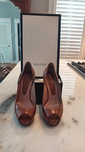 GUCCI RUST POLISH LEATHER LILI PEEP TOE HIDDEN PLATFORM PUMPS 36 US 6 - Picture 1 of 6