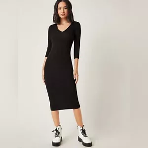 Women’s 3/4 Sleeves V-Neck Open Back Ribbed Knit Black Midi Dress Size Large - Picture 1 of 10