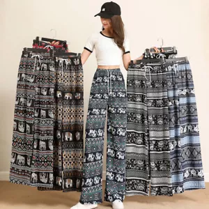 Wide Leg Pants Trousers Print Loose Bottoms High Waist Straight Pants Casual - Picture 1 of 26