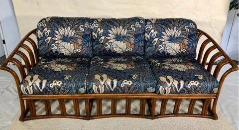 Vintage Ficks Reed Coastal Three-Seat Bamboo And Rattan Sofa Cover