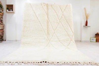 Tapete marroquino Beni Ourain listrado feito à mão berbere branco tapete tapete de lã 8'x5' - Imagem 1 de 4