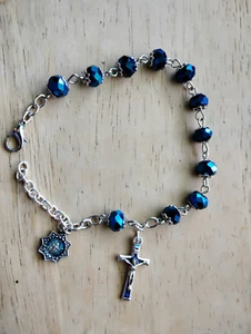 Pulsera de cuentas de rosario de cristal checo azul oscuro medalla milagrosa plata de ley - Imagen 1 de 8