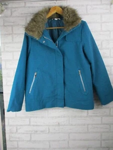 Rockmans womens coat jacket teal blue faux fur trim 12 zip pockets - Picture 1 of 13