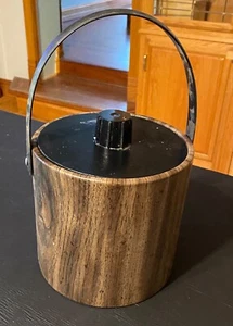 Ice Bucket Black Handle And Lid Vintage Wood Grain Look Vinyl 8 X 8 X 7" - Picture 1 of 8