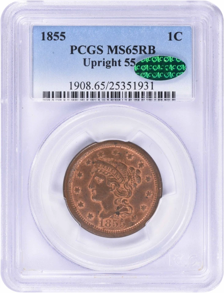 1855 Large Cent Upright 55 MS65RB PCGS (CAC) - Image 1 of 4