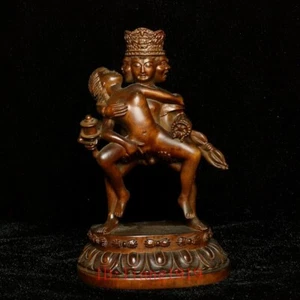 5.8 Inch Tibet Buddhism Boxwood Carved Mandkesvara Yab-Yum Happy Buddha Statue - Picture 1 of 7