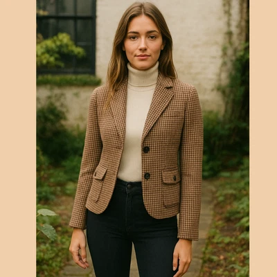 American Eagle Y2K Houndstooth Wool Blazer Womens Size S Earthy Heritage Preppy - Image 1 of 4