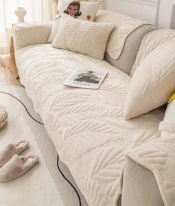 Leaves Pattern Plush Sofa Cover Super Soft Warm Sectional Couch Cover Non-Sli... - Picture 1 of 6