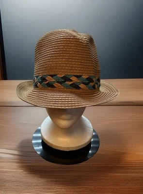 NEW Magid Hats Beige Turquoise Blue Braided Fedora Paper Straw Sun Hat One Size - Image 1 of 4