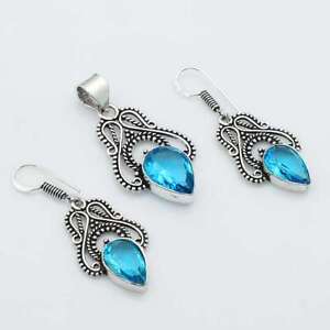 Blue Topaz Gemstone Ethnic Handmade Pendant+Earring Jewelry 1.52" AP-37393