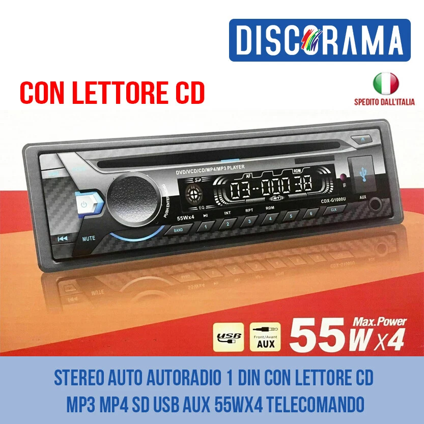 STEREO AUTO AUTORADIO 1 DIN CON LETTORE CD BLUETOOTH MP3 MP4 SD USB AUX 55WX4 - Immagine 1 di 1