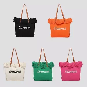 Women Large Beach Canvas Tote Bag Summer Vibes Beach Bag Big Capacity Tassel Han - Picture 1 of 27