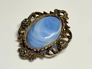 Vintage Brooch Oval Blue Swirl Glass Cabochon Pot Metal Silver Tone - Picture 1 of 8