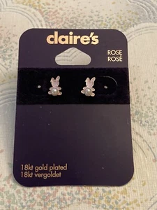 Claire's Earrings 18kt Rose Gold Plated & Faux Pearl Rabbit Studs 1cm New - Picture 1 of 5