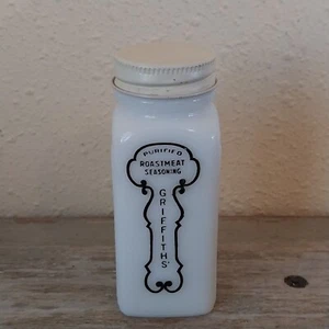 Vintage Griffiths Milchglas Gewürzglas ~ BRATENGEWÜRZ ~ 3,5" hoch - Bild 1 von 6