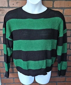 EUC Shein Women's sz 0XL Black & Green Wide Striped Pullover Sweater L/S - Picture 1 of 6
