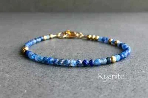 Blue Kyanite Bracelet, Genuine Stone Bead Bracelet, Minimalist Gemstone Stacking - Picture 1 of 5
