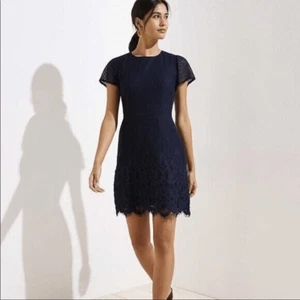 The Loft SZ 2 Navy Blue Lace Scalloped Hem Fit & Flare Dress Modest Chic Career - Picture 1 of 8