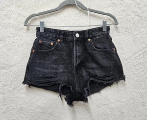 Zara Women Short 2 Black 100% Cotton Distressed High Rise Cut Off Regular Denim - Picture 1 of 19