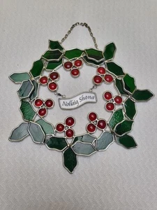 Vintage Stained Glass Irish Gaelic NOLLAIG SHONA Holly Berry Suncatcher - Picture 1 of 10