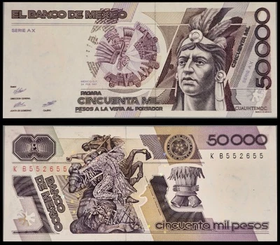 🇲🇽 Billete de 50000 Pesos de México 1987, Cuauhtémoc, Guerrero Azteca, Serpiente, Raro Foto 1 de 3