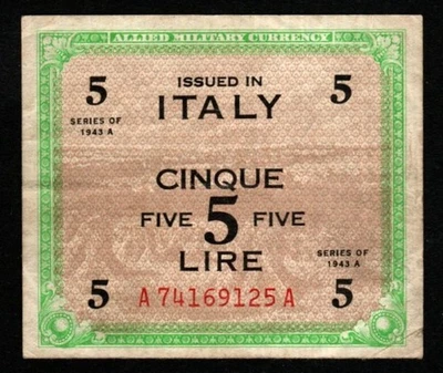 ITALY 5 LIRA BANKNOTE SERIES 1943 {A] WWII ALLIED MILITARY CURRENCY - CIRCULATED - Image 1 of 2