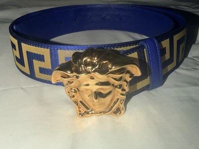 Cinturón Tejido Versace Azul LLAVE GRIEGA Dorado Hebilla Medusa Talla 90 36 Hecho en Italia Foto 1 de 3