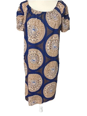 Etcetera Midi Shift Dress Sz 10 Geometric Print Navy & Gold Ruched Short Sleeves Foto 1 de 4