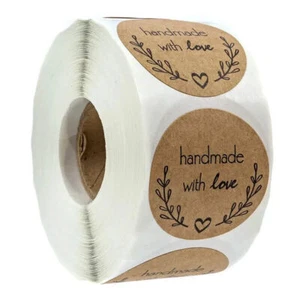 500 Handmade With Love Kraft Stickers - Seal Labels Roll - Size 2.5cm UK