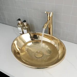 Gold Bathroom Sink Oval Ceramic Vanity Basin Mixer Deck Mounted Pop Up Drain Tap - Picture 1 of 7