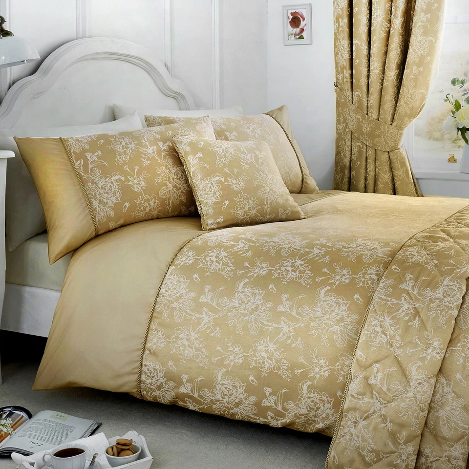 Serene JASMINE Champagne Gold Jacquard Bedroom & Curtains Collection