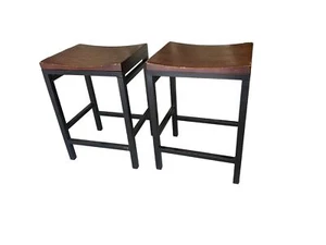 Saddle Wood Seat Metal Dining 24" Bar Stool Cherry Wood (Set of 2) - Picture 1 of 7