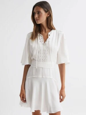 Reiss Womens IVORY FELICITY HIGH NECK LACE MINI DRESS - Image 1 of 4